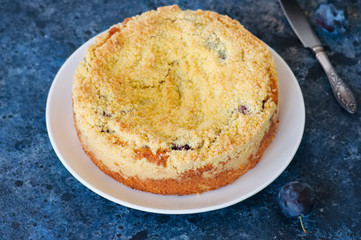  Corn flour crumble cake with plum jam filling served on a white plate. Blue stone baclground.
