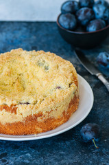  Corn flour crumble cake with plum jam filling served on a white plate. Blue stone baclground.