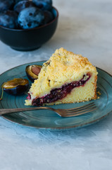  Slice of Corn flour crumble cake with plum jam filling. White stone baclground.
