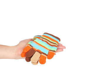 Kid knitted gloves with hand, isolated on white background. copy space template