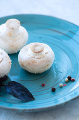 Fresh raw mushrooms on a plate. Close up.