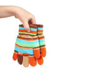 Kid knitted gloves with hand, isolated on white background. copy space template