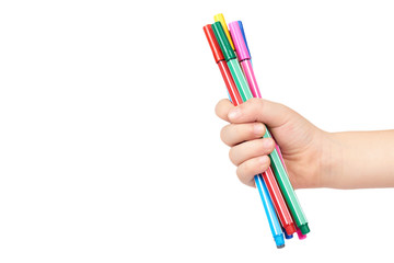Kid hand hold color felt pen with hand, isolated on white background. copy space template