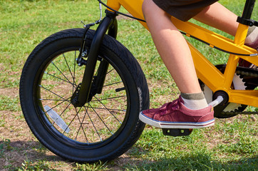 Naklejka premium Boy on kids yellow bicycle in park studies to ride