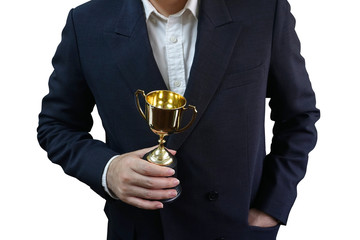 Business man hold trophy on white background ,win concept.