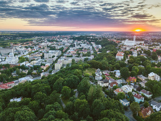 Summer sunset. Aerial view of Kaunas city center, Lithuania