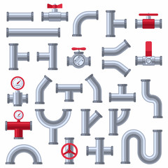 Pipe details set isolated on white background. Industrial pipeline parts in flat style. Sewer pipes, sensors and valves. Plumbing pieces vector illustration. Eps 10.