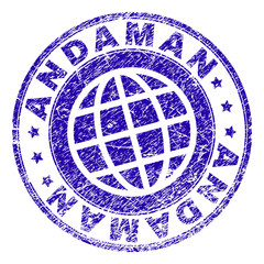 ANDAMAN stamp imprint with distress effect. Blue vector rubber seal imprint of ANDAMAN tag with retro texture. Seal has words placed by circle and planet symbol.