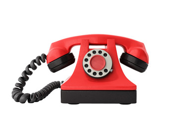 Hot line concept Red vintage telephone taking a call ideal for contact page 3d render on white no shadow