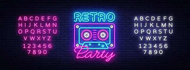 Retro Party neon poster, card or invitation, design template. Retro tape recorder cassettes neon sign, light banner. Back to the 90s. Vector illustration eon style. Editing text neon sign