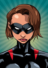 Fototapeta na wymiar Comics illustration of the portrait of a powerful masked superheroine looking at camera with a tough facial expression on abstract background.