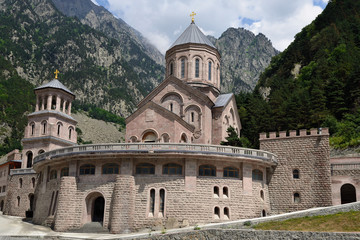 Fototapeta na wymiar Archangel Monastery Complex located in the Dariali Gorge, in the vicinity of the border crossing point with Russia