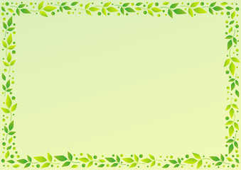 Light green background with decorative frame of green leaves and dots for decoration, scrapbooking paper, sheet of book or notebook, wedding invitation, greeting card, text, family tree