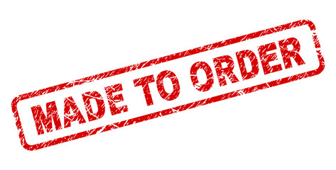 MADE TO ORDER stamp seal print with distress style. Red vector rubber print of MADE TO ORDER title with dirty texture. Text title is placed inside rounded rectangle frame.