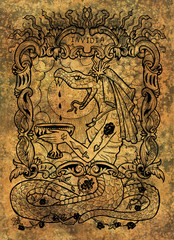 Envy. Latin word Invidia means Jealousy. Seven deadly sins concept on grunge background. Hand drawn engraved illustration, tattoo and t-shirt design, religious symbol