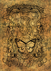 Sloth. Latin word Acedia means Despair. Seven deadly sins concept on grunge background. Hand drawn engraved illustration, tattoo and t-shirt design, religious symbol