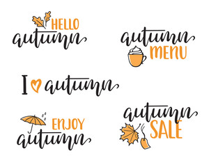 Set of hand written lettering set for Autumn design. Hello, Enjoy, I love Autumn, Menu and Sale calligraphy