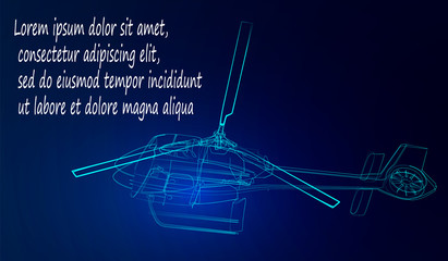 Helicopter from neon lines on a blue background. Vector illustration.