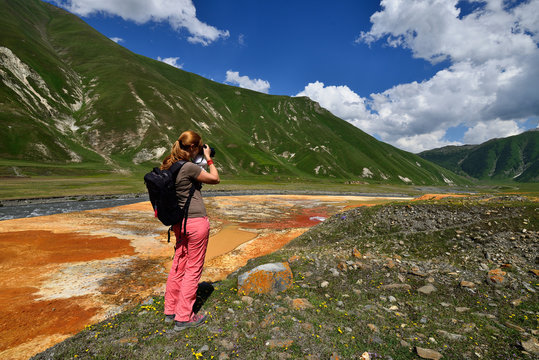 Beautiful Truso Truso Gorge near the Kazbegi city in the mountains of the Caucasus, Ketherisi mineral Vaucluzian Spring, Geprgia.