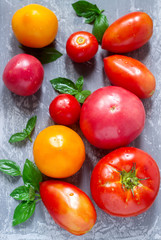 Different kinds of tomatoes and basil leaves on a concrete surface.