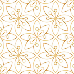 Fototapeta na wymiar Seamless linear golden flower pattern on white background