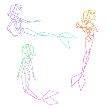 Set of colorful gradient polygon linear graphic mermaids