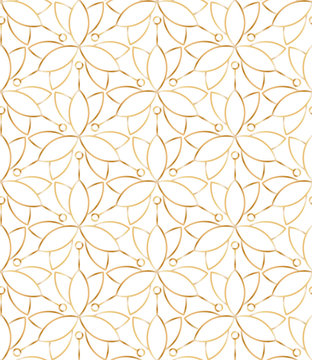 Seamless linear golden flower pattern on white background