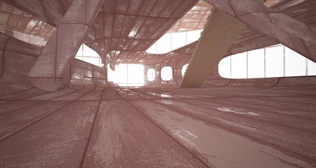 Empty smooth abstract room interior of sheets rusted metal with concrete. Architectural background. 3D illustration and rendering