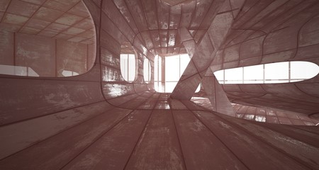 Empty smooth abstract room interior of sheets rusted metal with concrete. Architectural background. 3D illustration and rendering