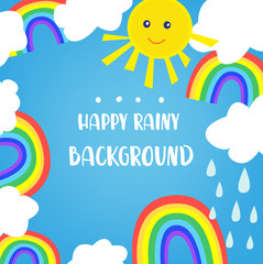 Rainbow background for the kids, with sun and clouds. Cute design, vector graphic illustration