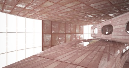 Empty smooth abstract room interior of sheets rusted metal with concrete. Architectural background. 3D illustration and rendering