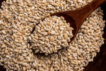 Raw and cooked Barley pearl seeds in a bowl or over white plate. selective focus