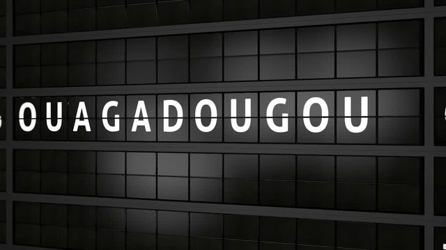 3D generated animation, analog flight information display board with the arrival city of Ouagadougou, Burkina Faso