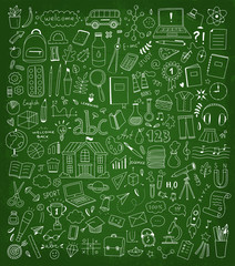 Back to school cute hand drawn illustrations. School icons and elements doodle set. Children education outline drawings