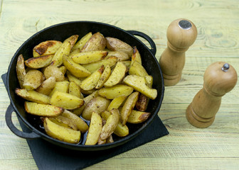 Fried potatoes in a frying pan.