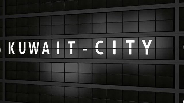 3D generated animation, analog flight information display board with the arrival city of Kuwait City, Kuwait