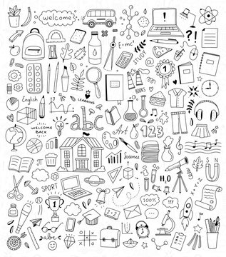 School doodle illustration set. Back to school elements and icons. Children education hand drawn drawings