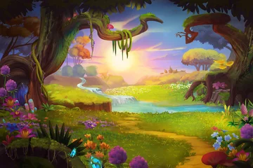 Peel and stick wall murals Childrens room Fantasy land, Grass and Hill, River and Tree with Fantastic, Realistic Style. Video Game's Digital CG Artwork, Concept Illustration, Realistic Cartoon Style Scene Design  