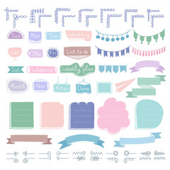 Set of doodle frames, corners, dividers, ribbons, weekdays and design elements