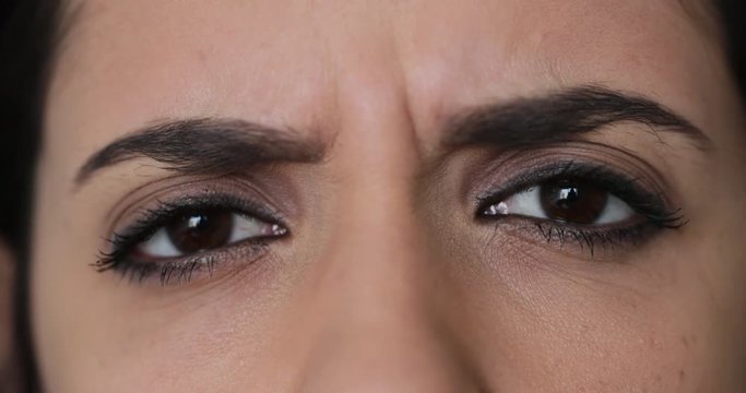 Macro eyes of hispanic girl with confused, angry, argumentative emotion