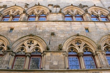 Gothic style windows of an old house in the village of Cordes-sur-Ciel, Tarn, France