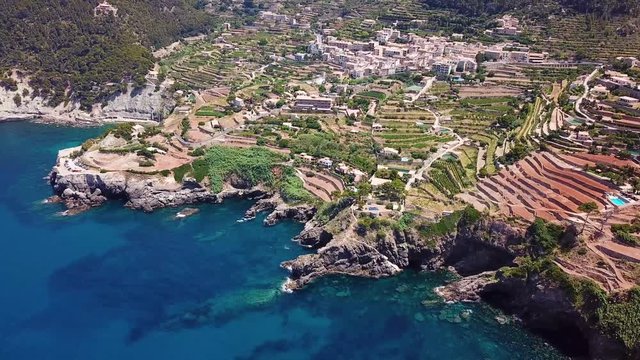 Aerial: Banyalbufar town in Mallorca, Spain