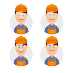 Set funny wacky male face engineer technician professional expression avatar