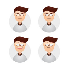 Set funny male face Collage Student with eyeglasses expression avatar