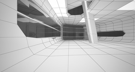 Abstract drawing white interior multilevel public space with window. 3D illustration and rendering.