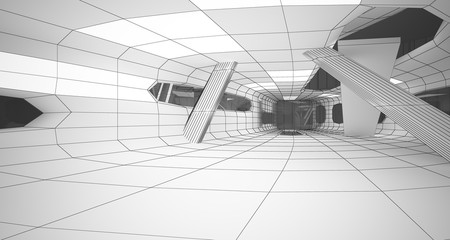 Abstract drawing white interior multilevel public space with window. 3D illustration and rendering.