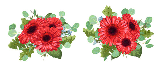 Set a bouquet of red gerberas, eucalyptus and wax flowers isolated on white background