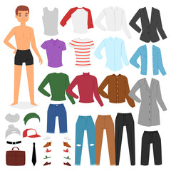 Man clothing vector boy character dress up clothes with fashion pants or shoes illustration boyish set of male cloth for cutting cap or T-short isolated on white background