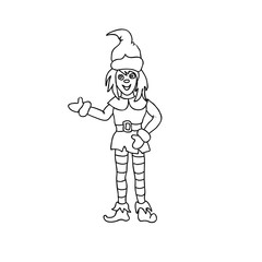 Christmas elf character children coloring page line art isolated on white