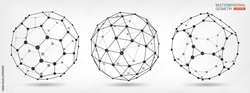 Poster multifaceted geometric shapes. abstract background. wireframe of lines and points. complex geometric
